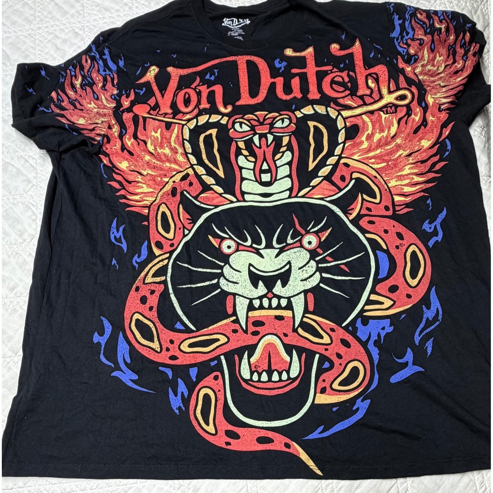 Von Dutch Graphic T-Shirt Mens 2X Black Panther Cobra Snake Flame Streetwear Tee